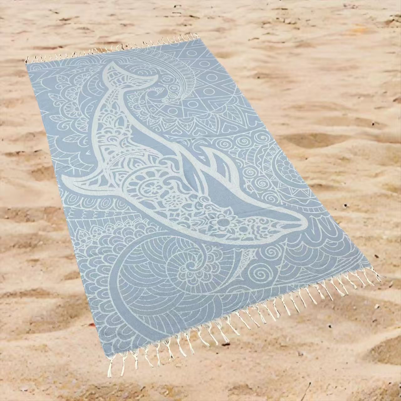 Whale Ocean Print Beach Towel Oversized Rectangular Quick-Dry Absorbent Shawl Summer Coastal Beach Wrap Travel Blanket with Tassel Fringe