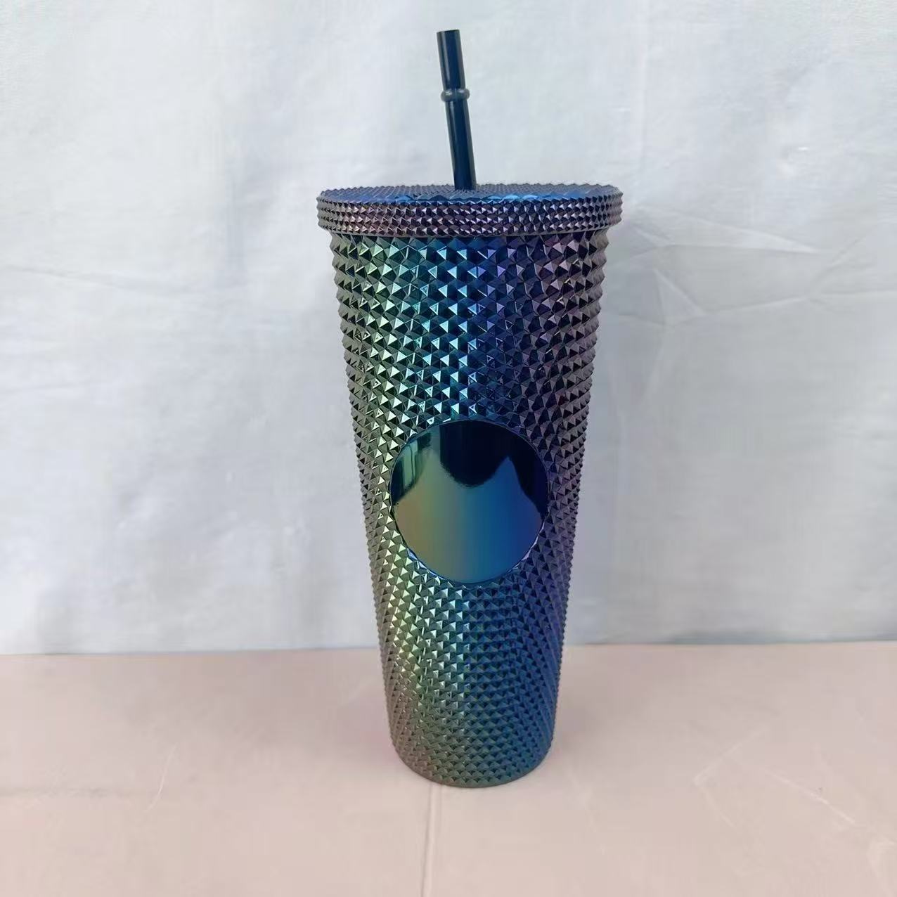 24oz Double Wall Plastic Tumbler Electroplated Color Straw Cup Large Capacity Portable Drink Cup