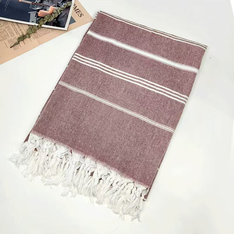 Large Cotton Striped Swim Towel With Tassel Fringe Absorbent Boho Beach Blanket 1x1.8m