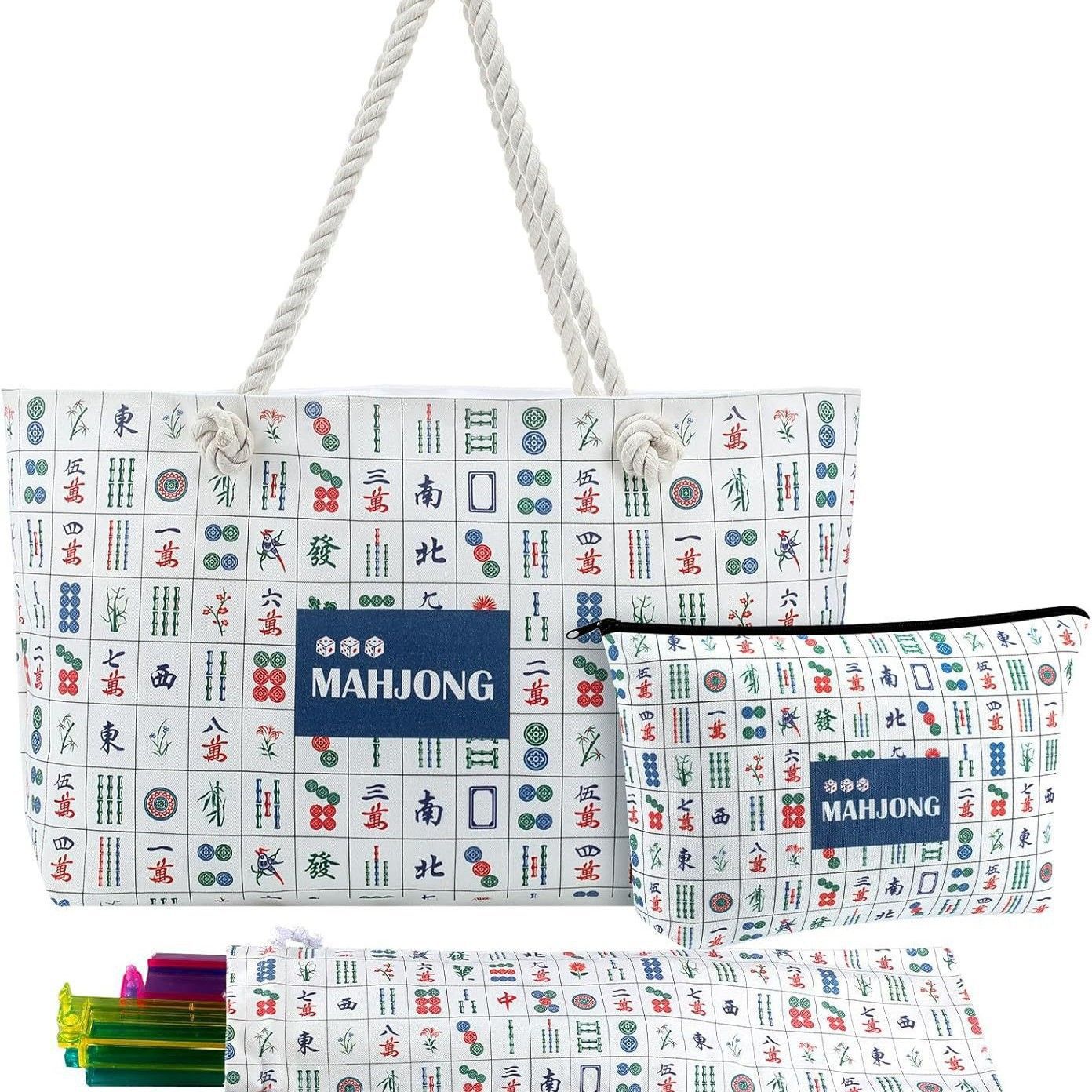 American Mahjong Storage Bag Set, Beige Floral Print 3-Piece Organizer