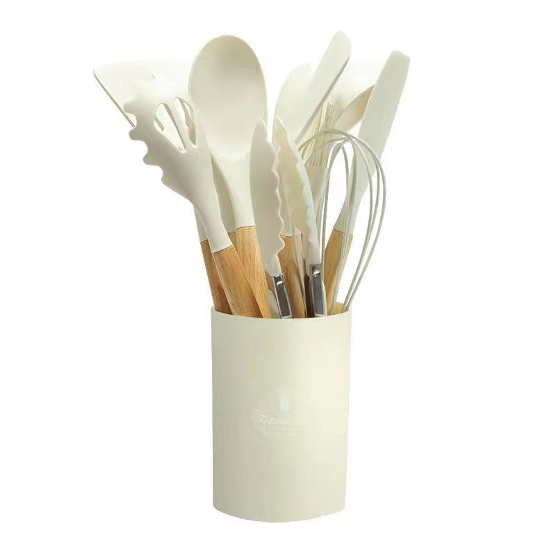 12-Piece Silicone Kitchen Utensil Set with Wooden Handles for Nonstick Cookware