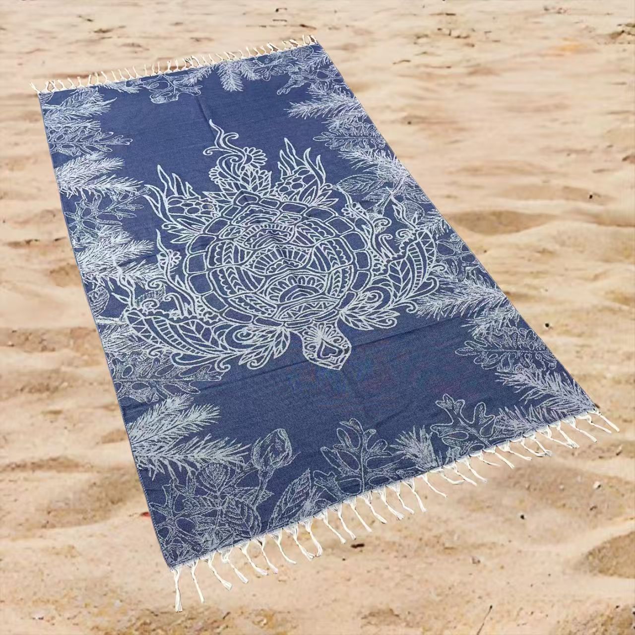 Tropical Sea Turtle Beach Towel Oversized Rectangular Quick-Dry Absorbent Shawl Summer Coastal Swim Wrap Travel Blanket with Fringe Edge
