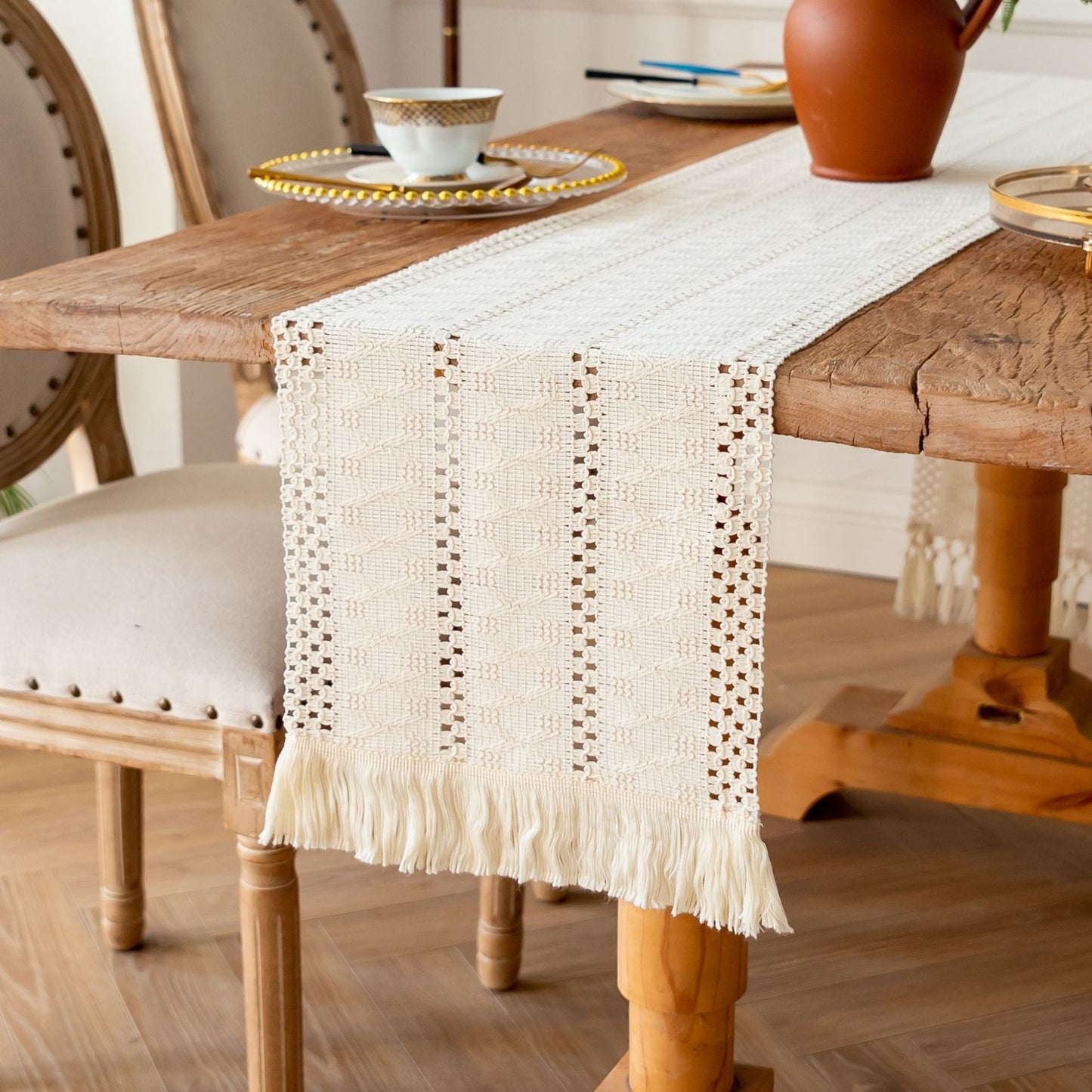 Boho Tassel Table Runner, Cotton Linen Crochet Woven Table Decor for Parties and Home Styling