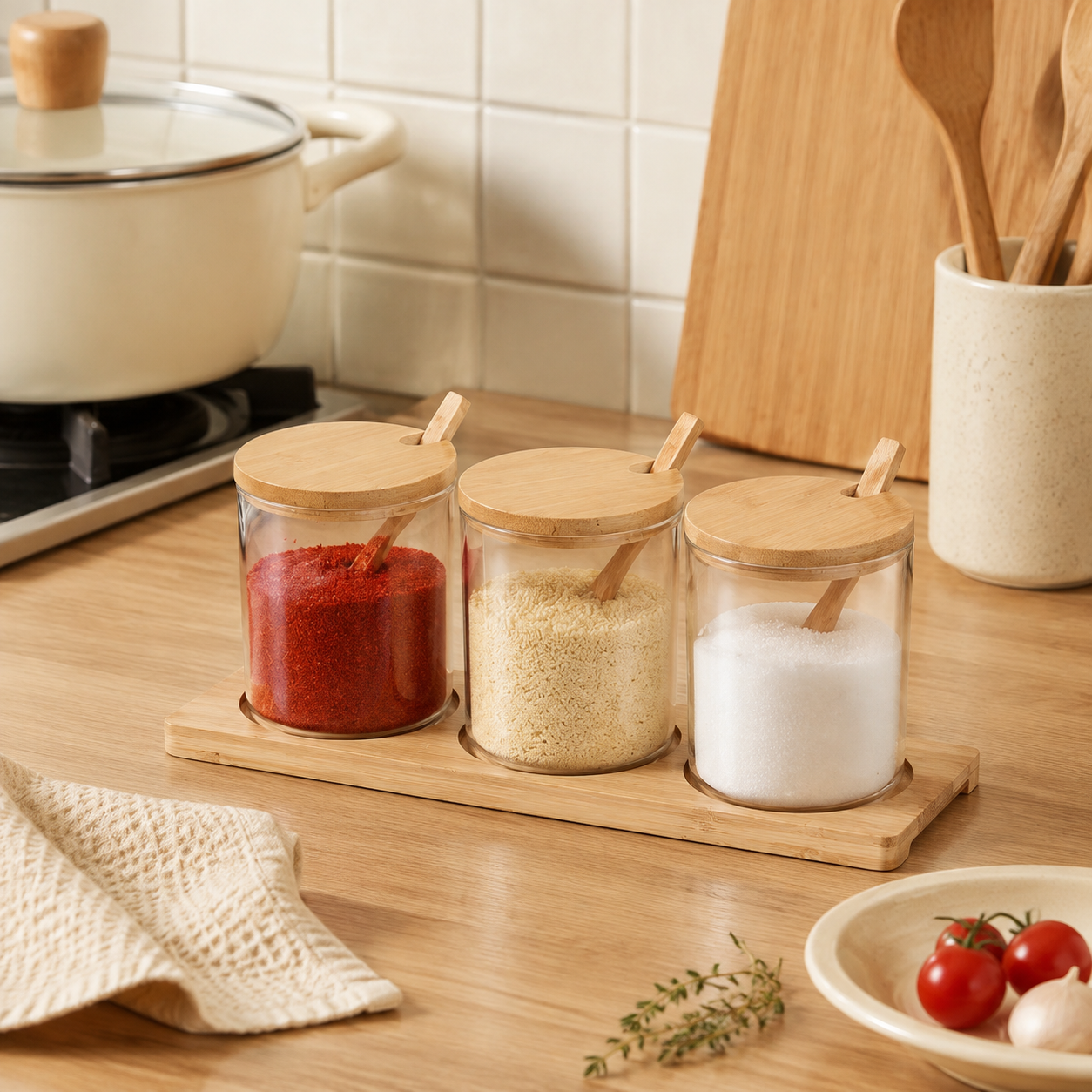 Bamboo Glass Spice Jars Set – Natural Kitchen Storage Containers with Wooden Lids & Spoons