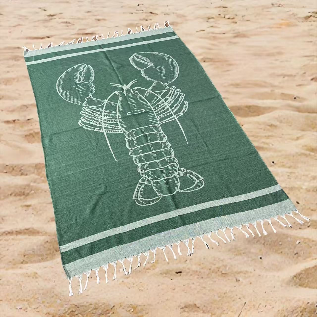 Coastal Lobster Print Beach Towel Oversized Rectangular Quick-Dry Absorbent Shawl Summer Beach Wrap Travel Blanket with Fringe Detail