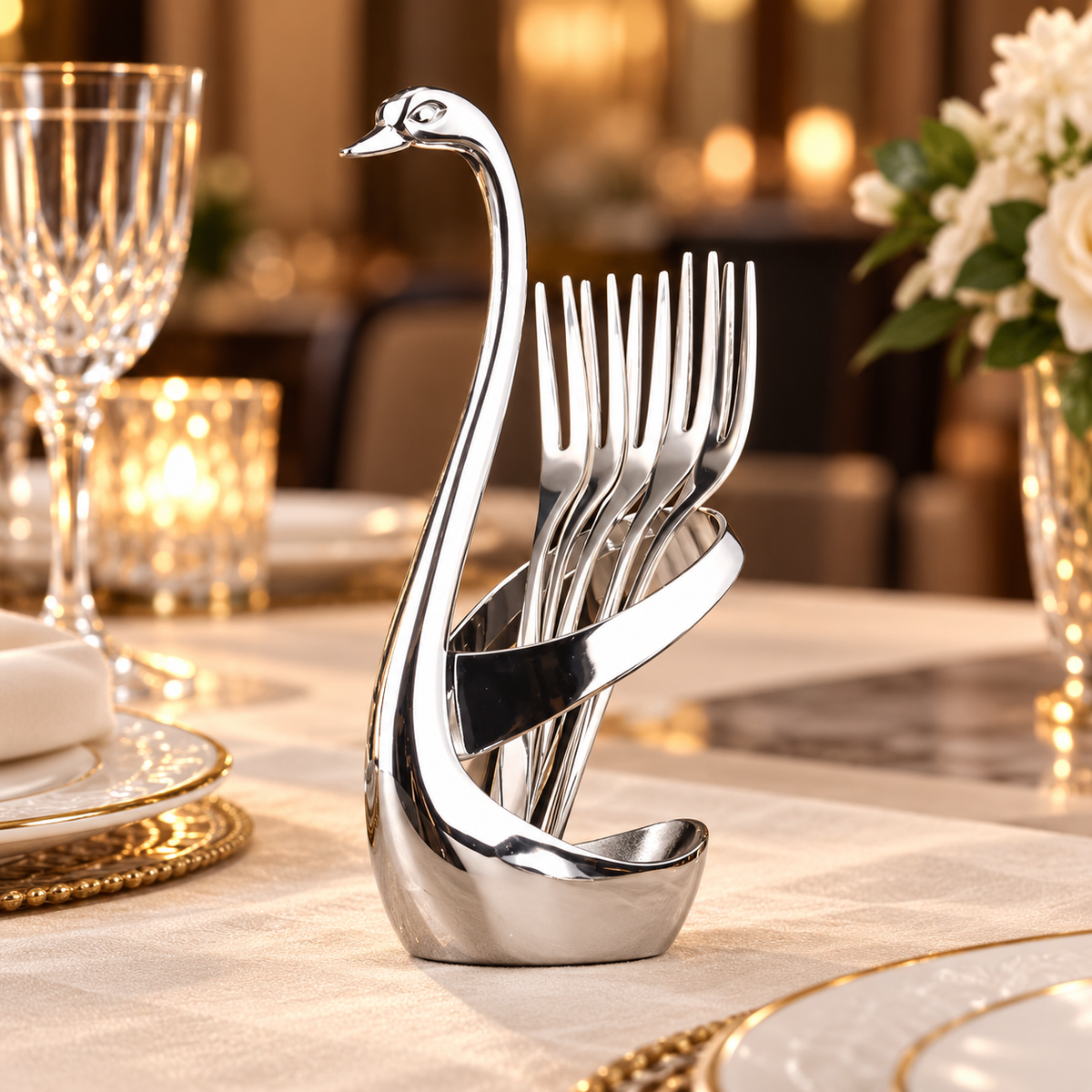 Decorative Swan Cutlery Holder – Zinc Alloy Utensil Stand, Optional 10-Piece Stainless Steel Spoon and Fork Set