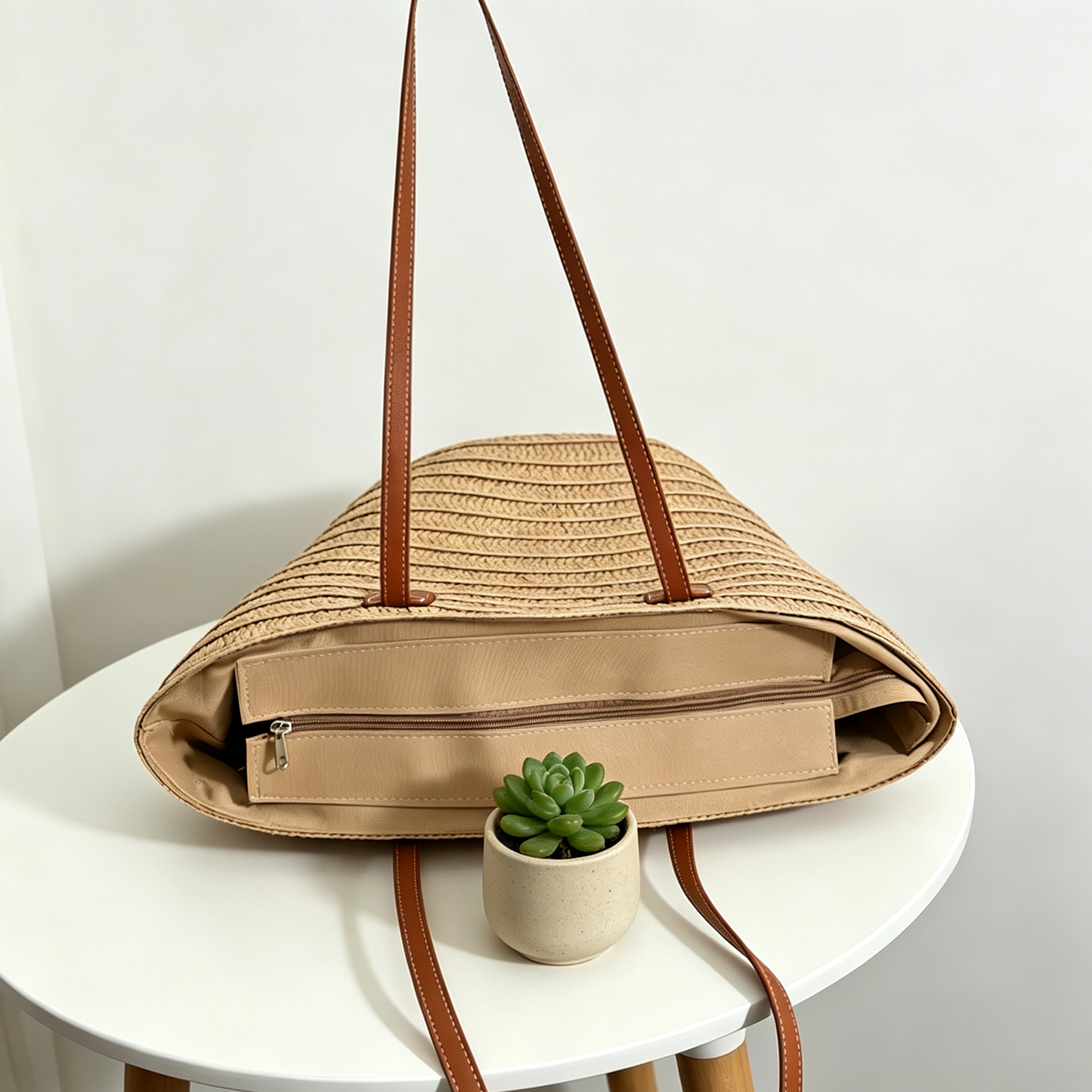 Woven Straw Tote Bag – Large Paper Rope Shoulder Bag with Zipper Closure for Daily Style