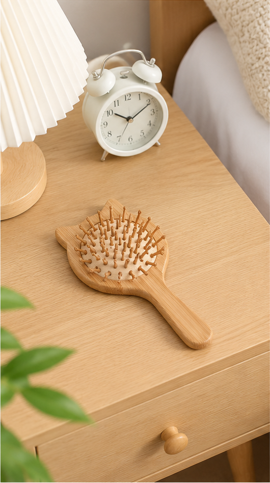 Cat Ear Bamboo Scalp Massage Hair Brush – Rounded Pins Gentle Detangling Wooden Paddle Brush
