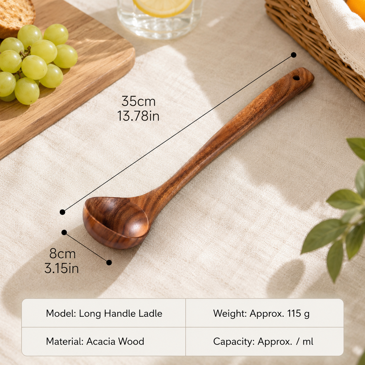 Acacia Wood Long Handle Ladle – Natural Wooden Soup Spoon for Cooking & Serving