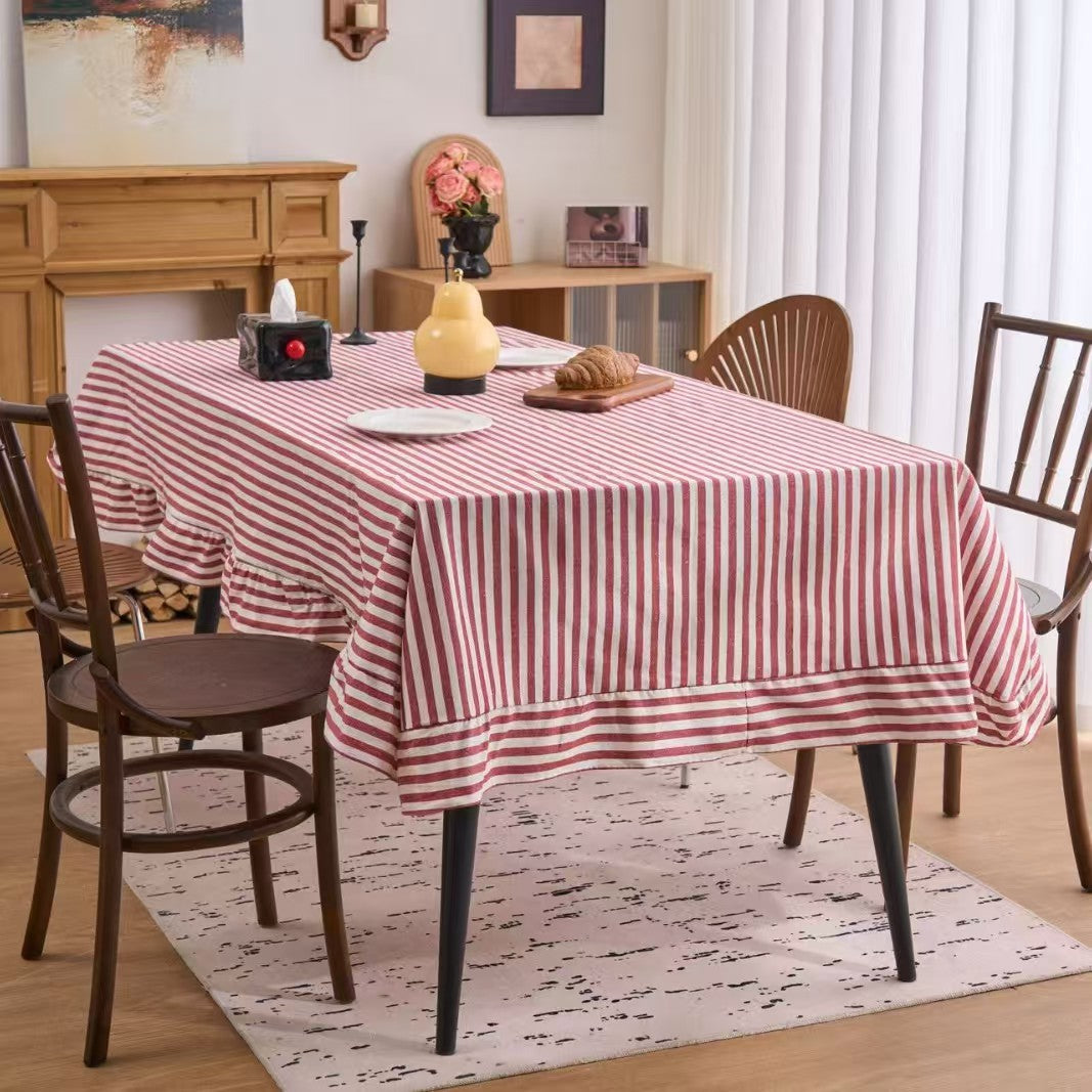 Vintage Striped Ruffle Tablecloth Rectangular Dining Table Cover