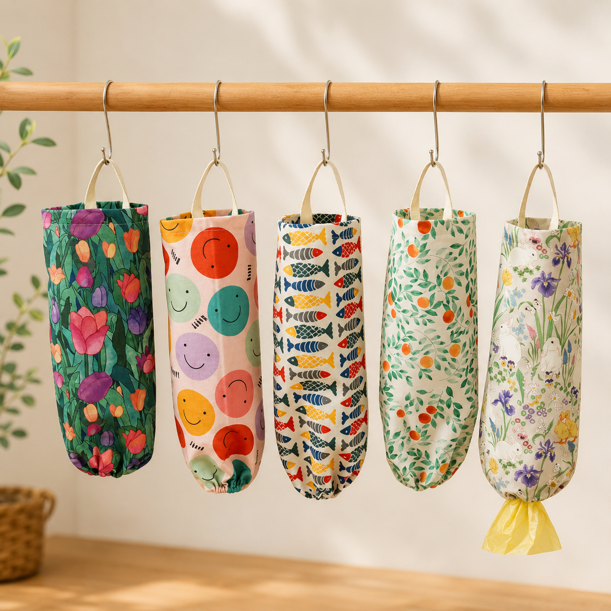 Waterproof Printed Plastic Bag Holder, Hanging Kitchen Storage Organizer Bag