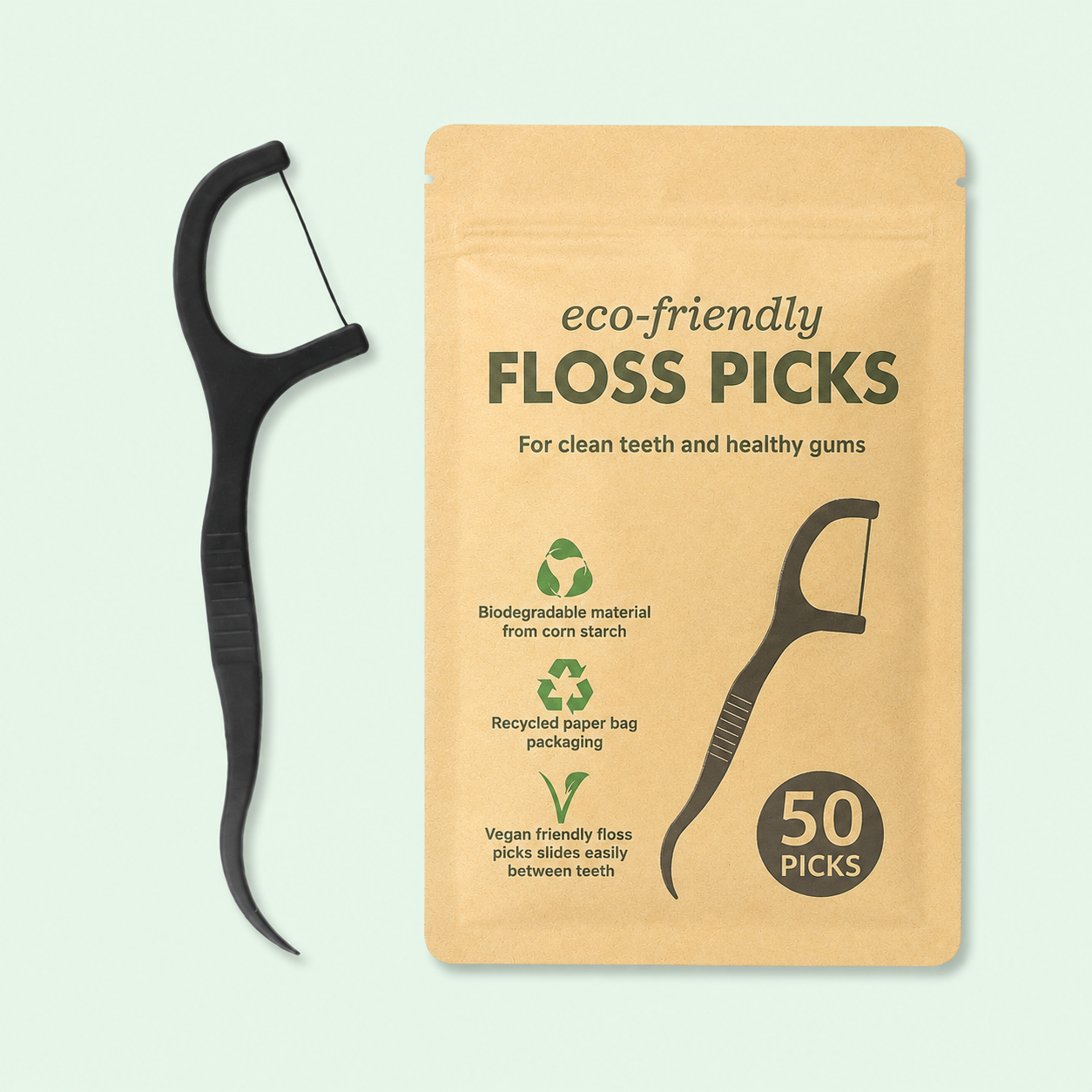 Biodegradable Bamboo Charcoal Floss Picks – 50 Picks per Bag Eco-Friendly Dental Floss