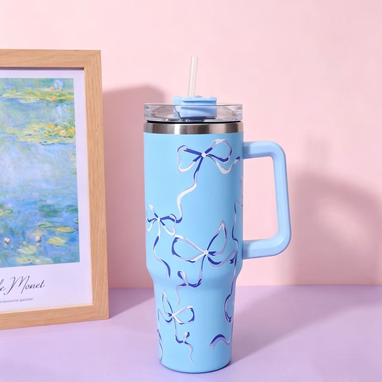 40oz Floral Stainless Steel Insulated Travel Tumbler with Straw & Handle – Large Capacity Reusable Drink Cup