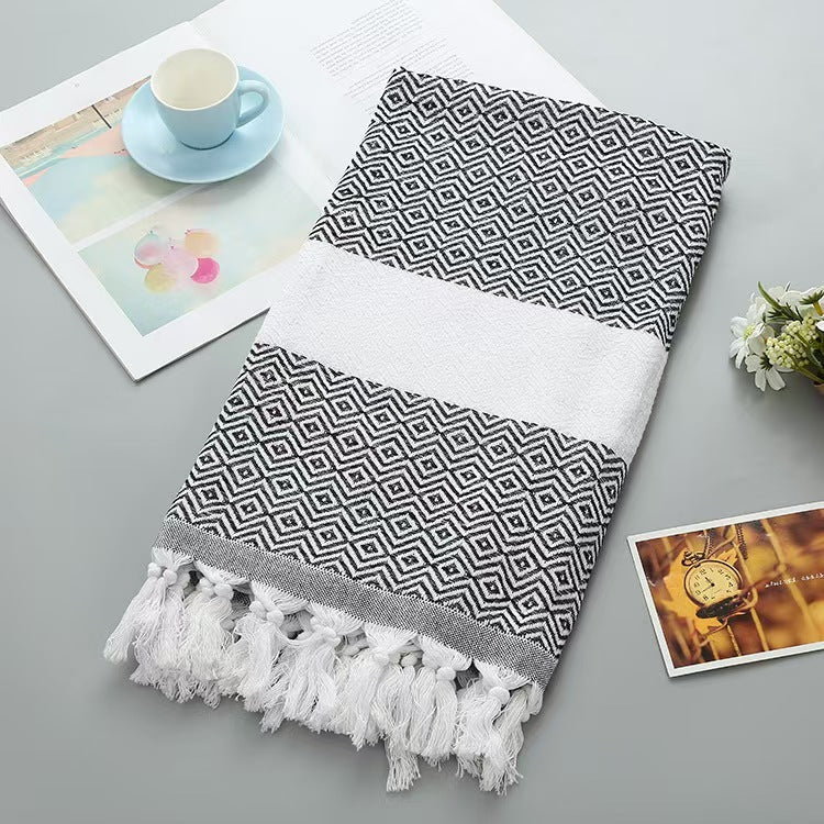 Cotton Turkish Beach Towel With Diamond Pattern Tassel Fringe Boho Swim Towel Picnic Blanket 1x1.8m