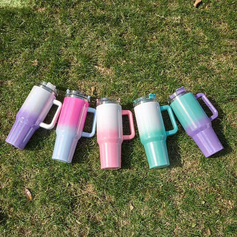 Gradient Color 40oz Stainless Steel Insulated Tumbler with Handle & Straw – Large Capacity Travel Mug