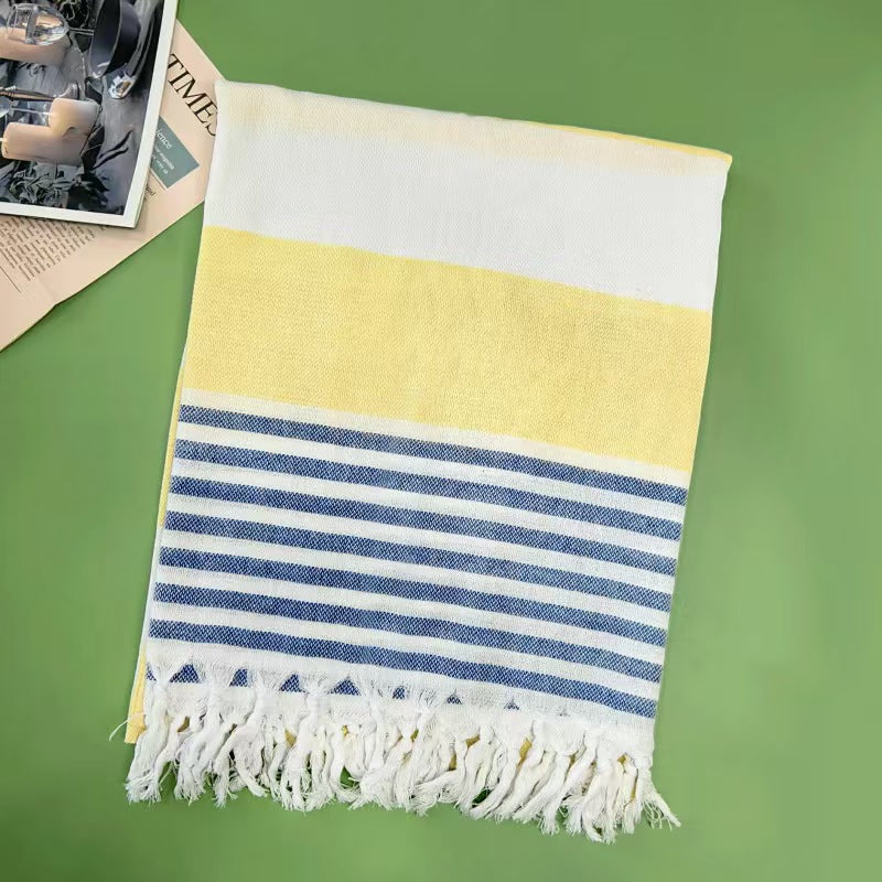 Turkish Style Striped Cotton Beach Towel Oversized Absorbent Tassel Wrap Picnic Blanket 1x1.8m