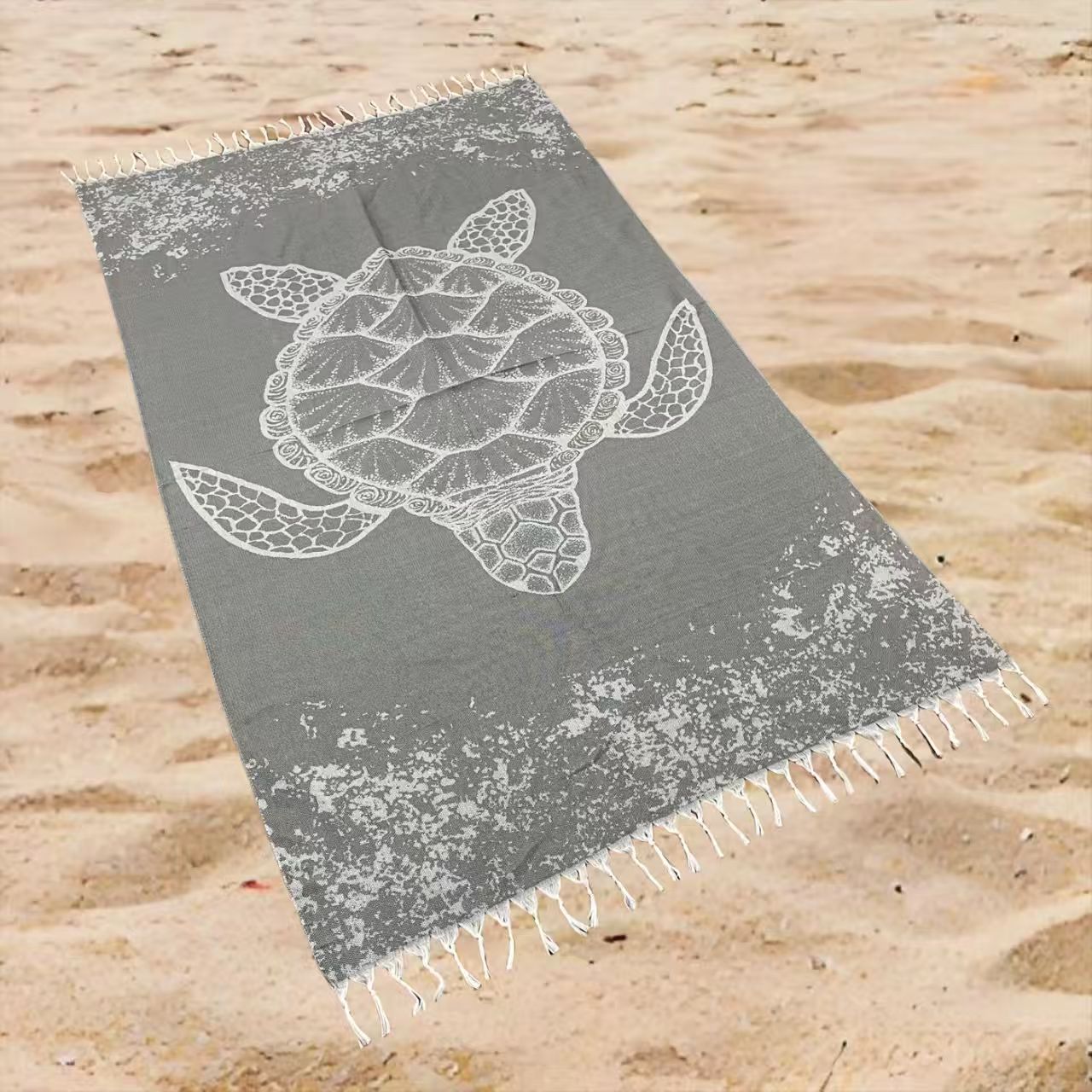 Oversized Ocean Turtle Print Beach Towel Rectangular Quick-Dry Absorbent Shawl Summer Beach Wrap Travel Blanket with Boho Tassel Trim
