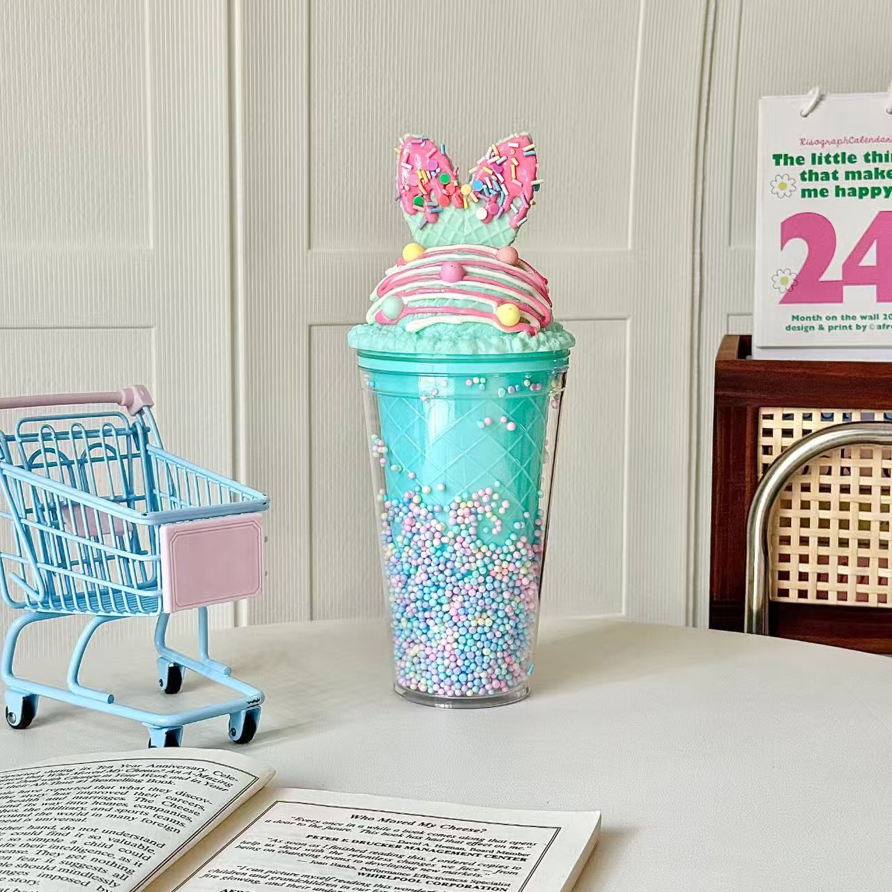 Bunny Double Wall Ice Crush Straw Cup 430ml – Cute Summer Portable Plastic Tumbler for Home & Office