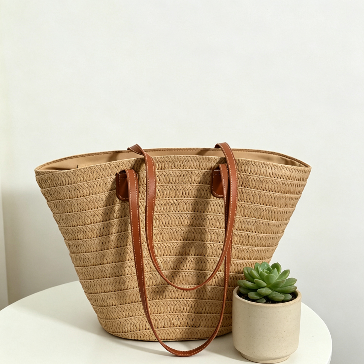 Woven Straw Tote Bag – Large Paper Rope Shoulder Bag with Zipper Closure for Daily Style