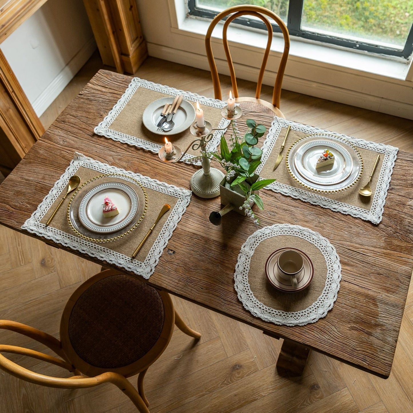 Farmhouse Vintage Jute Placemat with Tassels, Round Bowl Mat, Rectangular Heat Resistant Table Mat & Napkin