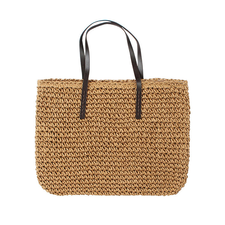 Minimalist Woven Straw Shoulder Bag – Medium Square Tote with Zipper Closure for Summer Style