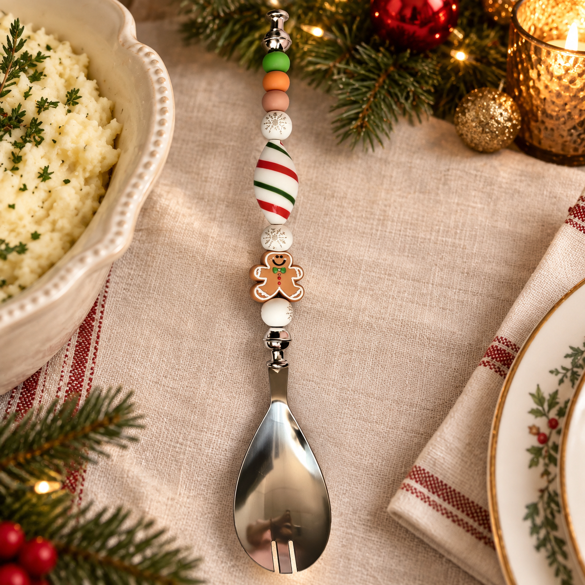 Christmas Stainless Steel Serving Spoon – Gingerbread Man Beaded Design