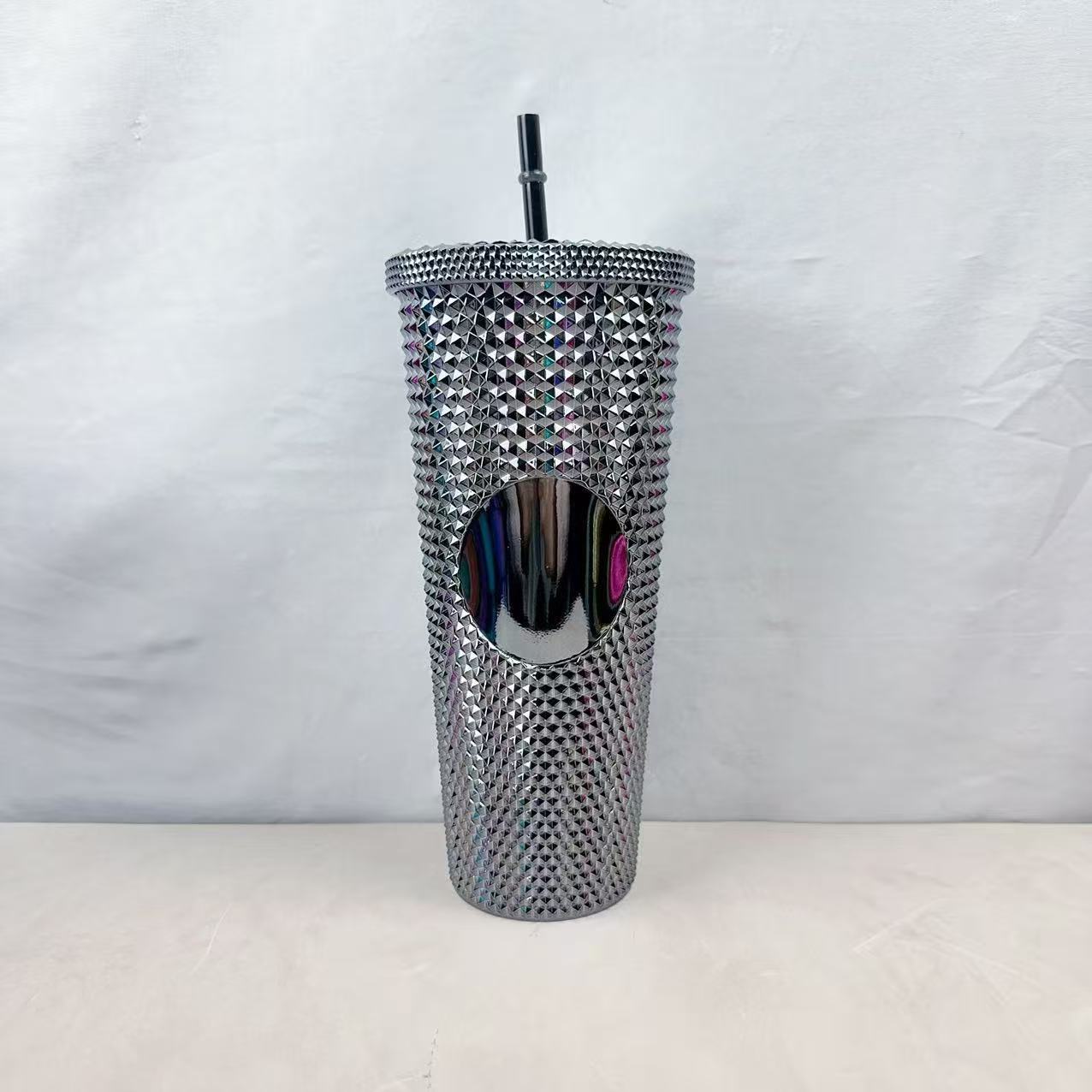 24oz Double Wall Plastic Tumbler Electroplated Color Straw Cup Large Capacity Portable Drink Cup