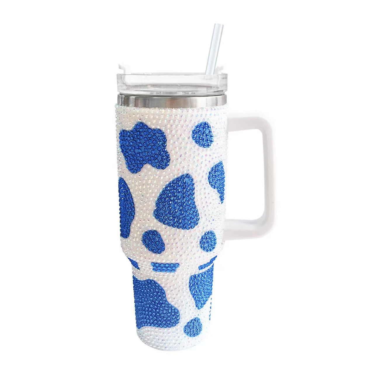 40oz Rhinestone Cow Print Insulated Stainless Steel Tumbler With Handle Large Capacity Travel Drink Mug