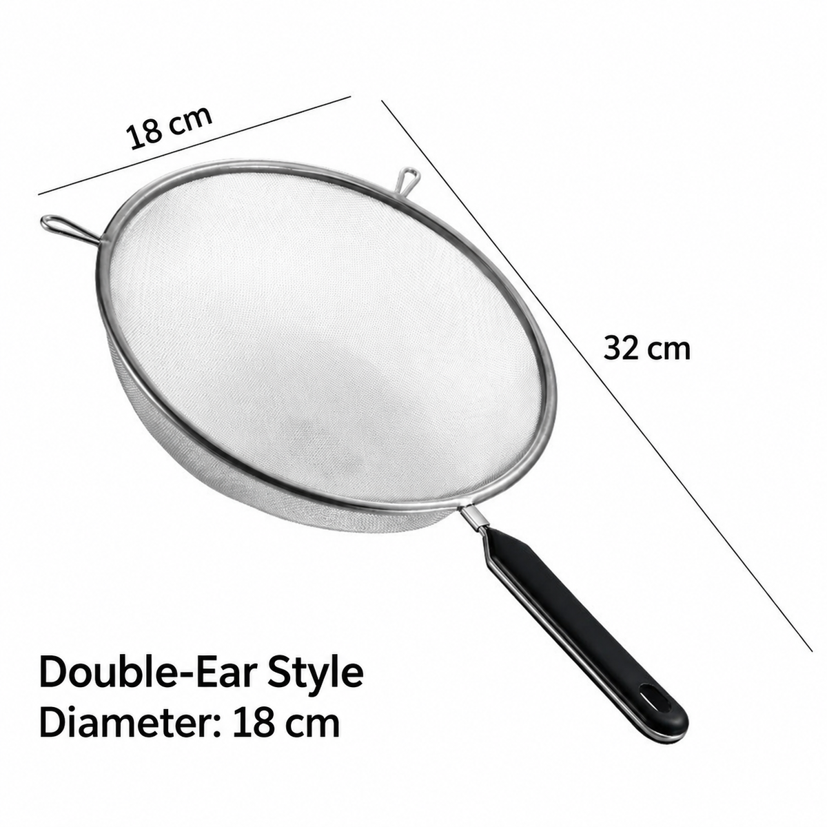 18cm Stainless Steel Fine Mesh Strainer – Long Handle Kitchen Sieve with Dual Support Hooks