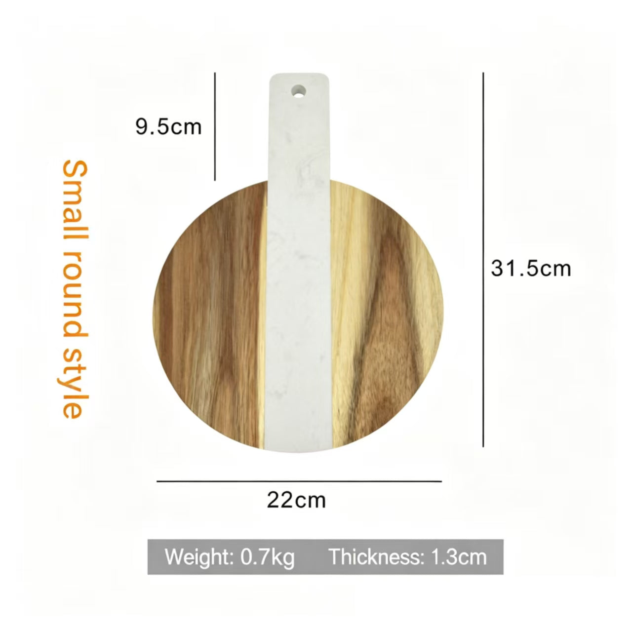 Round Acacia Wood and Marble Inlay Cutting Board with Handle Kitchen Chopping Board Serving Tray Modern Rustic Kitchen Tool