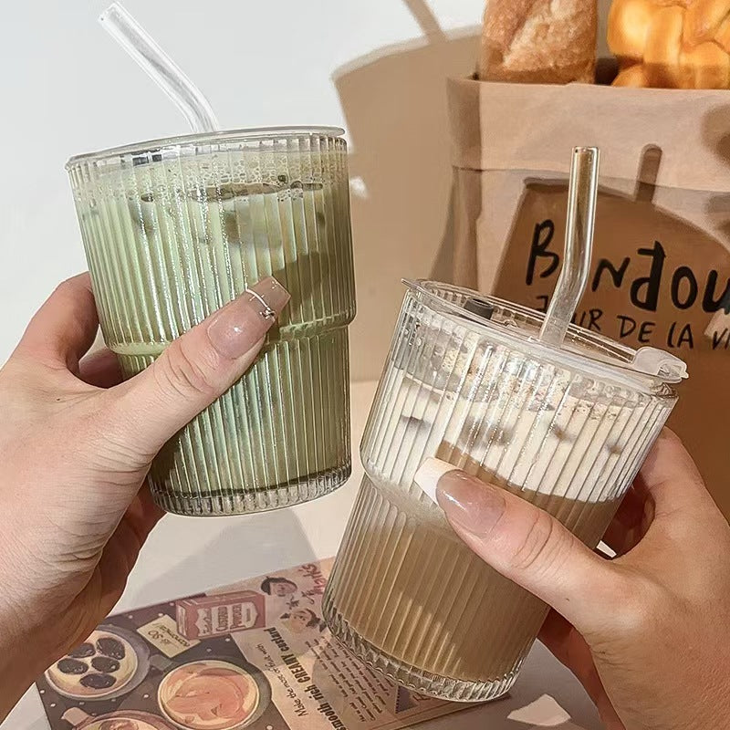 Striped Glass Cup with Lid and Straw 400ML Coffee Water Cup