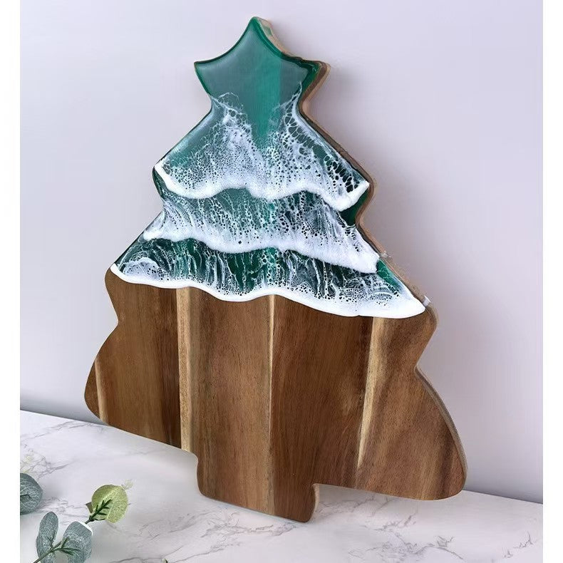 Christmas Tree Ocean Wave Resin Wood Cutting Board Festive Epoxy Serving Charcuterie Platter Handmade Kitchen Decor