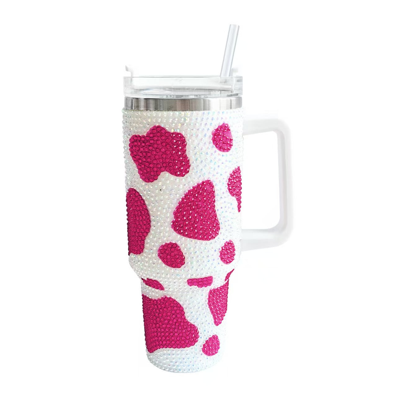 40oz Stainless Steel Cow Print Rhinestone Insulated Tumbler With Handle Large Travel Mug Sparkle Cup