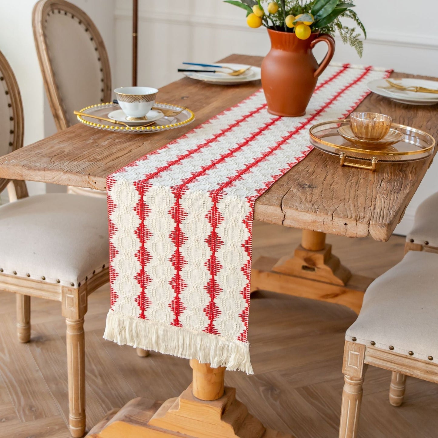 Boho Tassel Table Runner, Cotton Linen Crochet Woven Table Decor for Parties and Home Styling