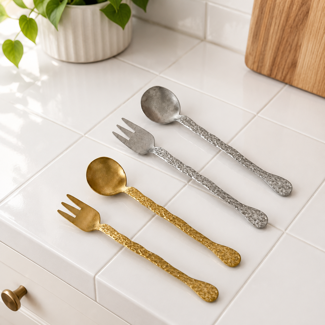 304 Stainless Steel Vintage Tree Bark Texture Flatware Set, Fruit Fork & Dessert Spoon Set for Pastry, Cake, Coffee, and Home Dining