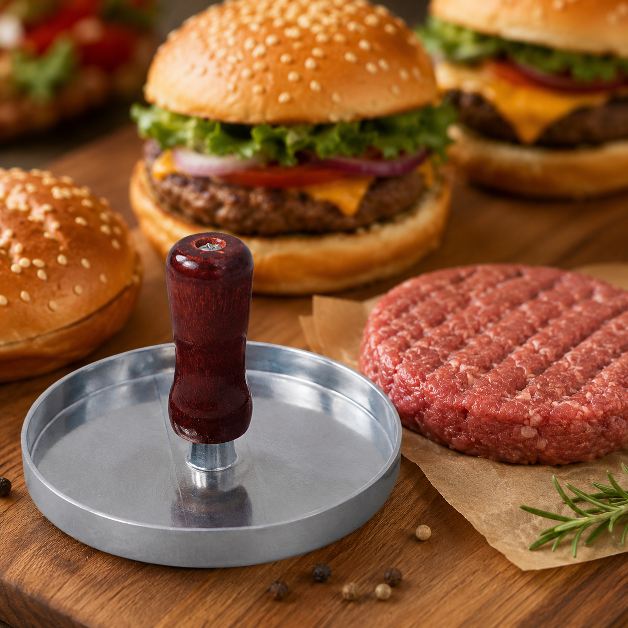 Hamburger Patty Press – Round Metal Burger Mold with Wooden Handle for Homemade Beef Patties, BBQ, Grill, Restaurant & Kitchen Use