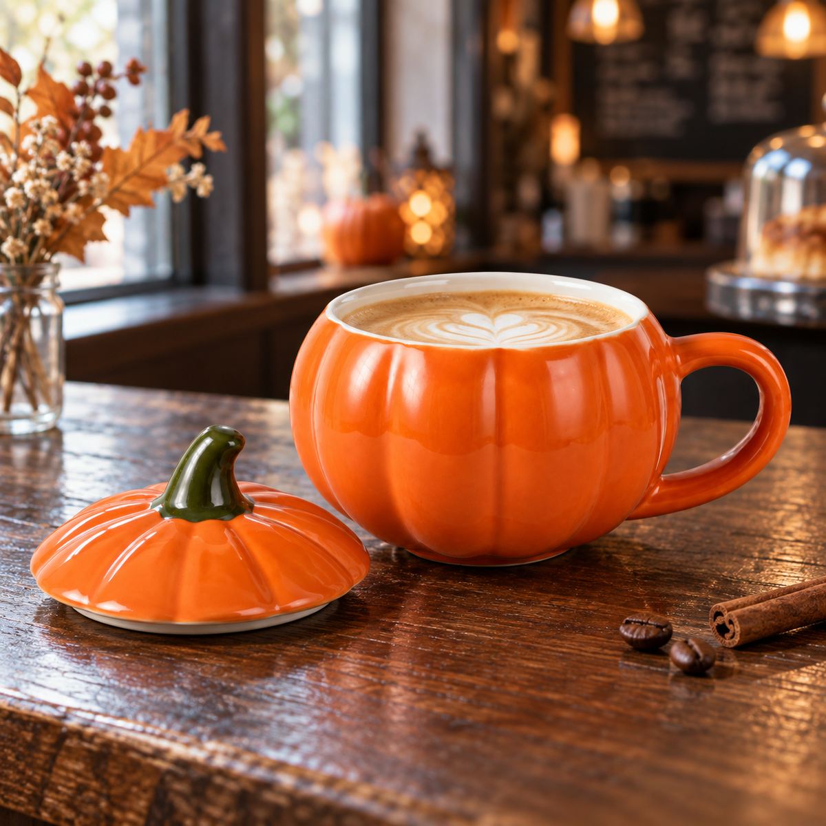 Halloween Pumpkin Ceramic Mug with Lid, 300 Ml Orange Coffee Cup, Fall Drinkware and Autumn Home Décor