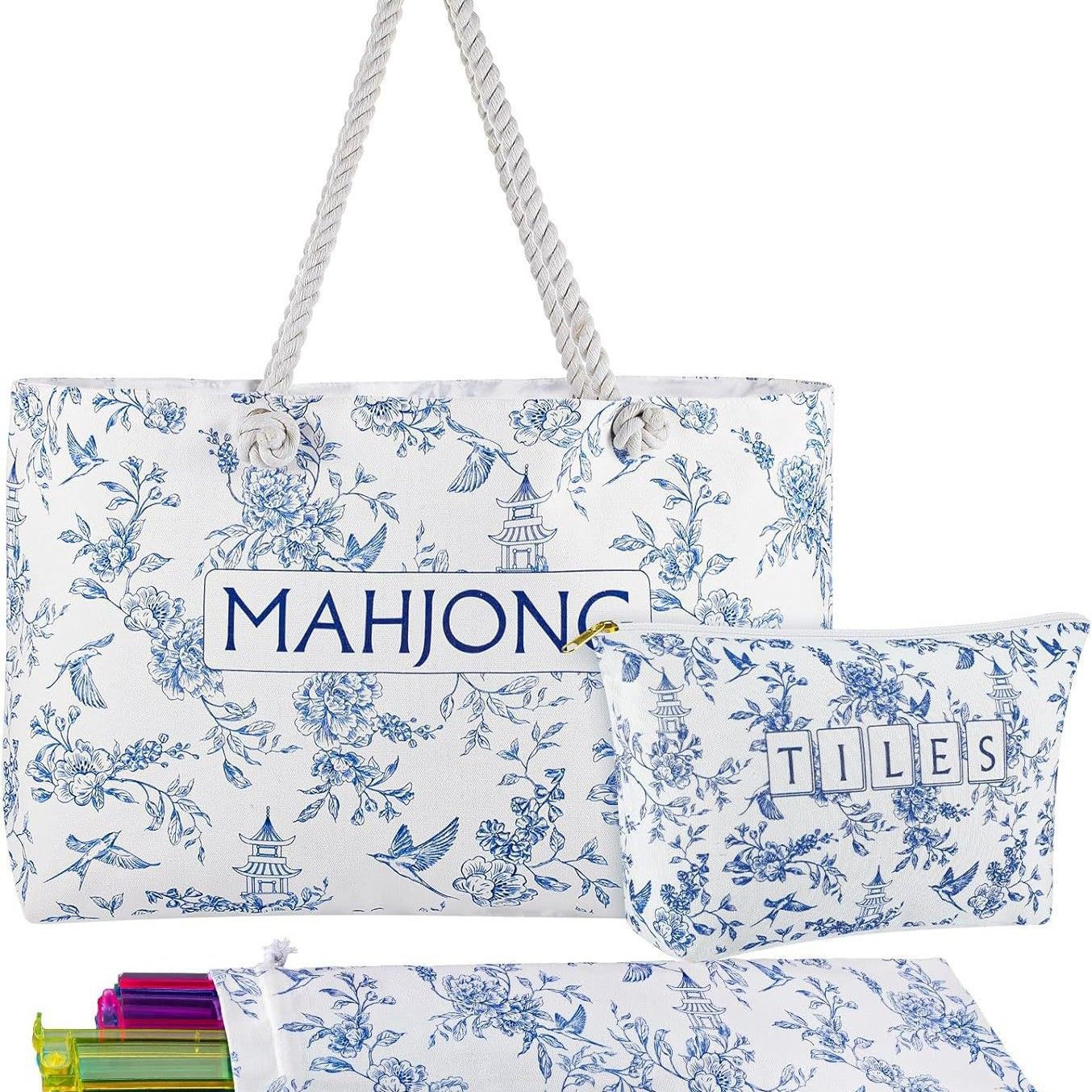 American Mahjong Storage Bag Set, Beige Floral Print 3-Piece Organizer