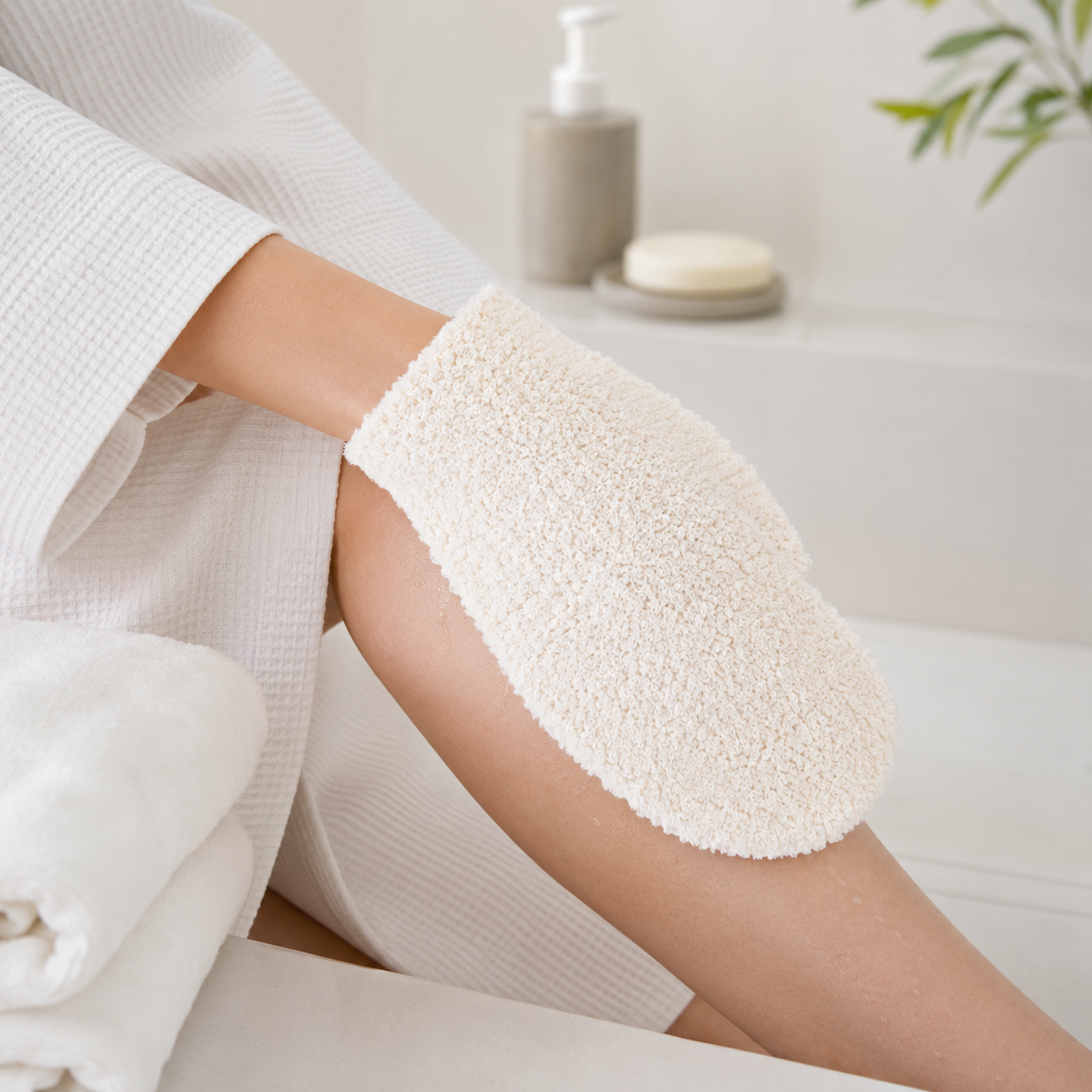 Bamboo Fiber Exfoliating Bath Gloves, 2-in-1 Shower Scrub Mitts with Soap Saver Pouch – Gentle Dead Skin Remover