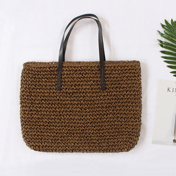 Minimalist Woven Straw Shoulder Bag – Medium Square Tote with Zipper Closure for Summer Style