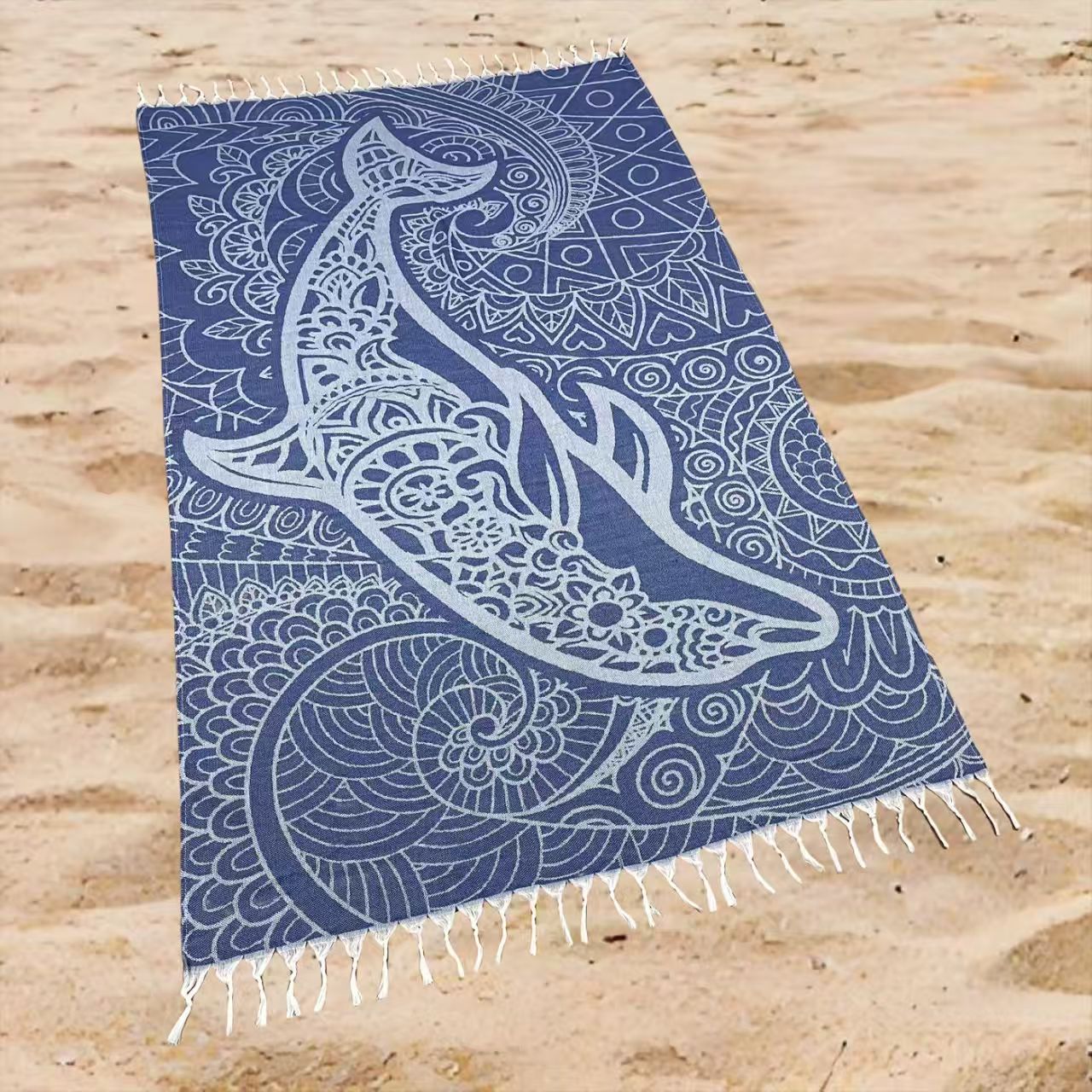 Whale Ocean Print Beach Towel Oversized Rectangular Quick-Dry Absorbent Shawl Summer Coastal Beach Wrap Travel Blanket with Tassel Fringe