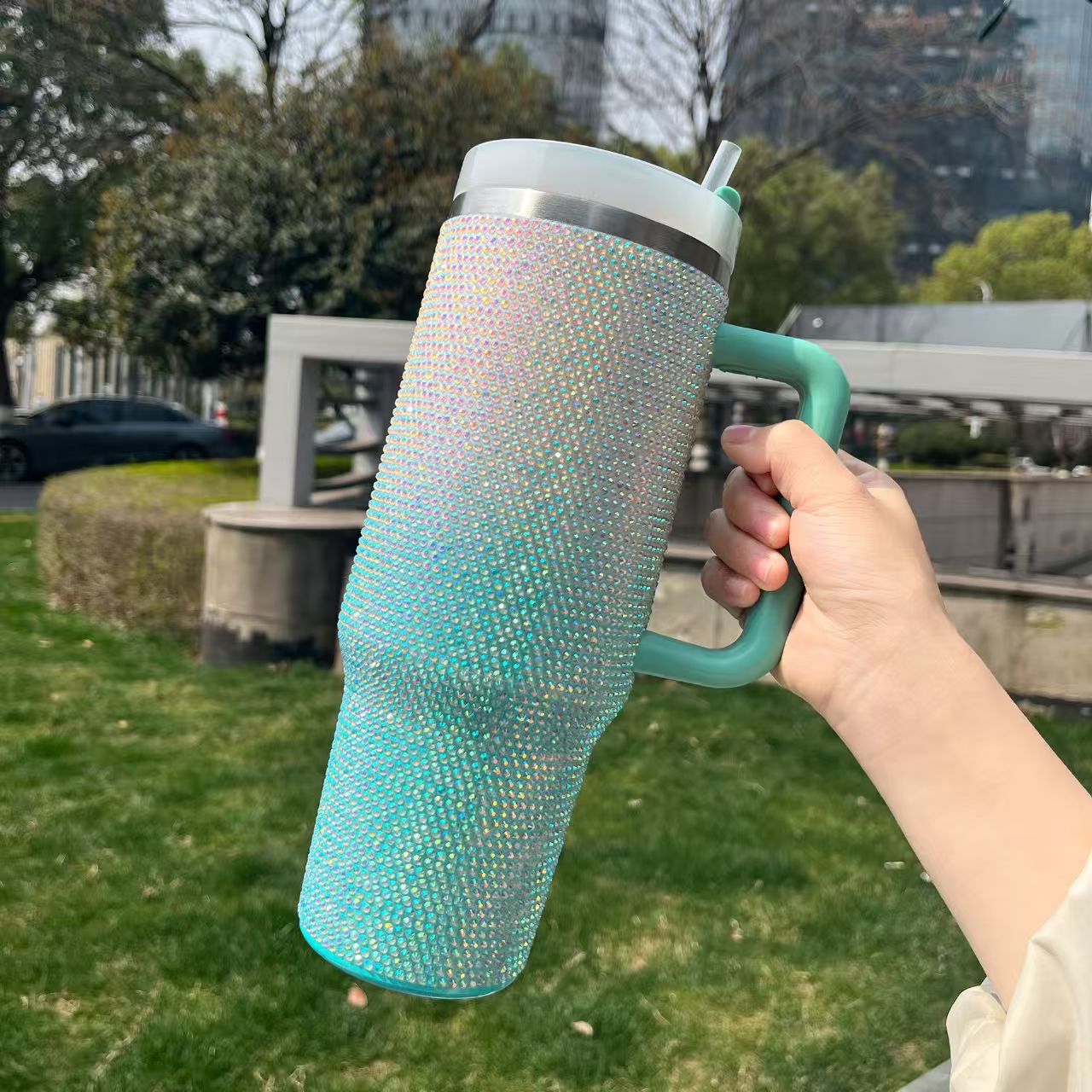 Gradient Rhinestone 40oz Stainless Steel Insulated Tumbler with Handle & Straw – Sparkling Color Fade Travel Mug