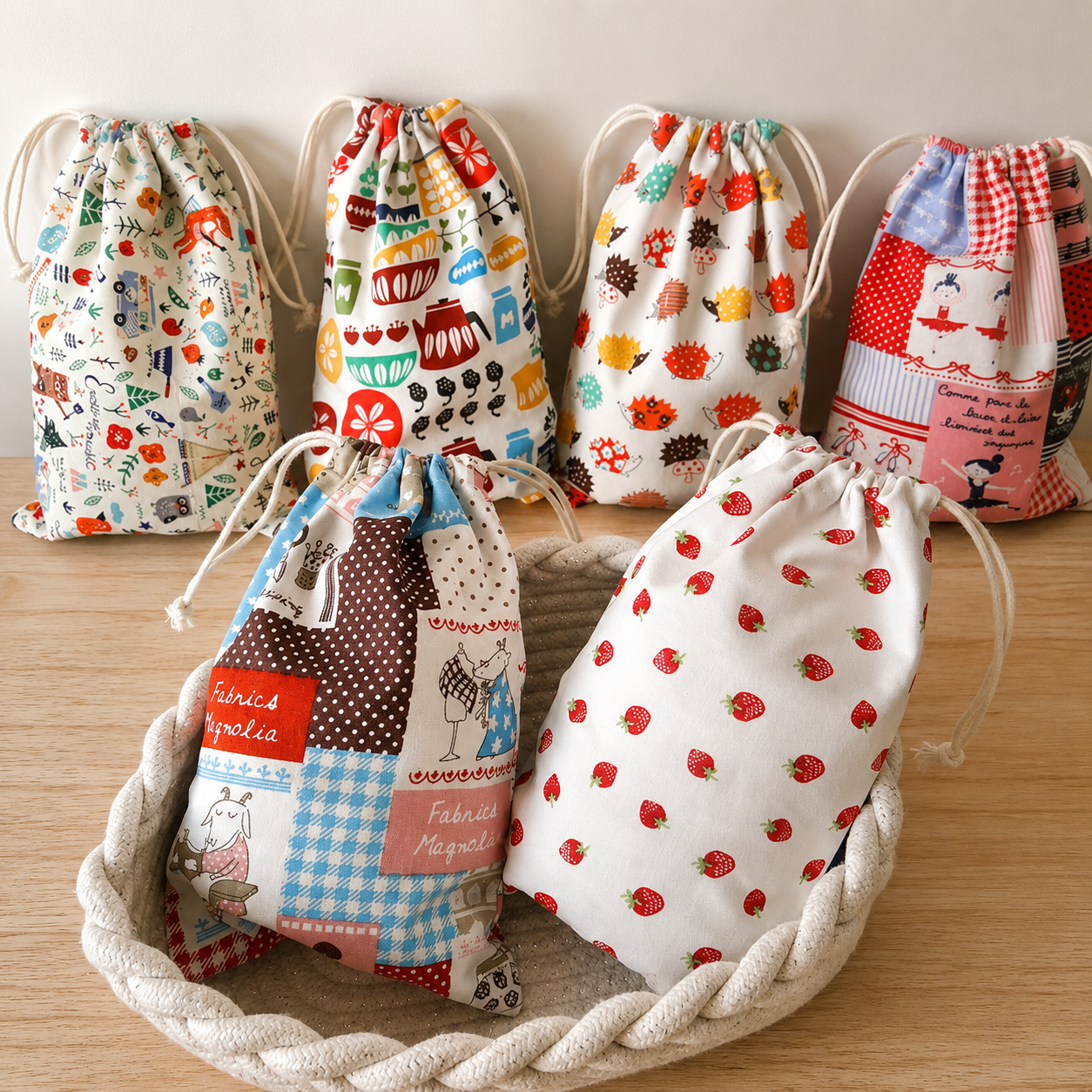 Cute Printed Cotton Drawstring Storage Bag
