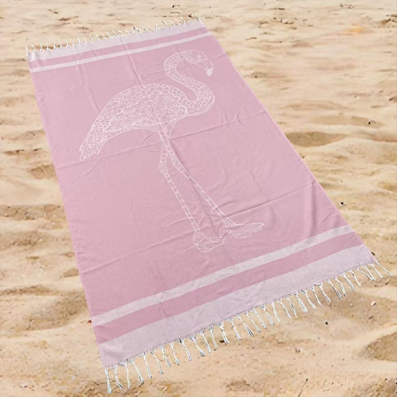 Tropical Flamingo Beach Towel Oversized Rectangular Quick-Dry Absorbent Shawl with Tassel Trim for Summer Travel & Beach Use