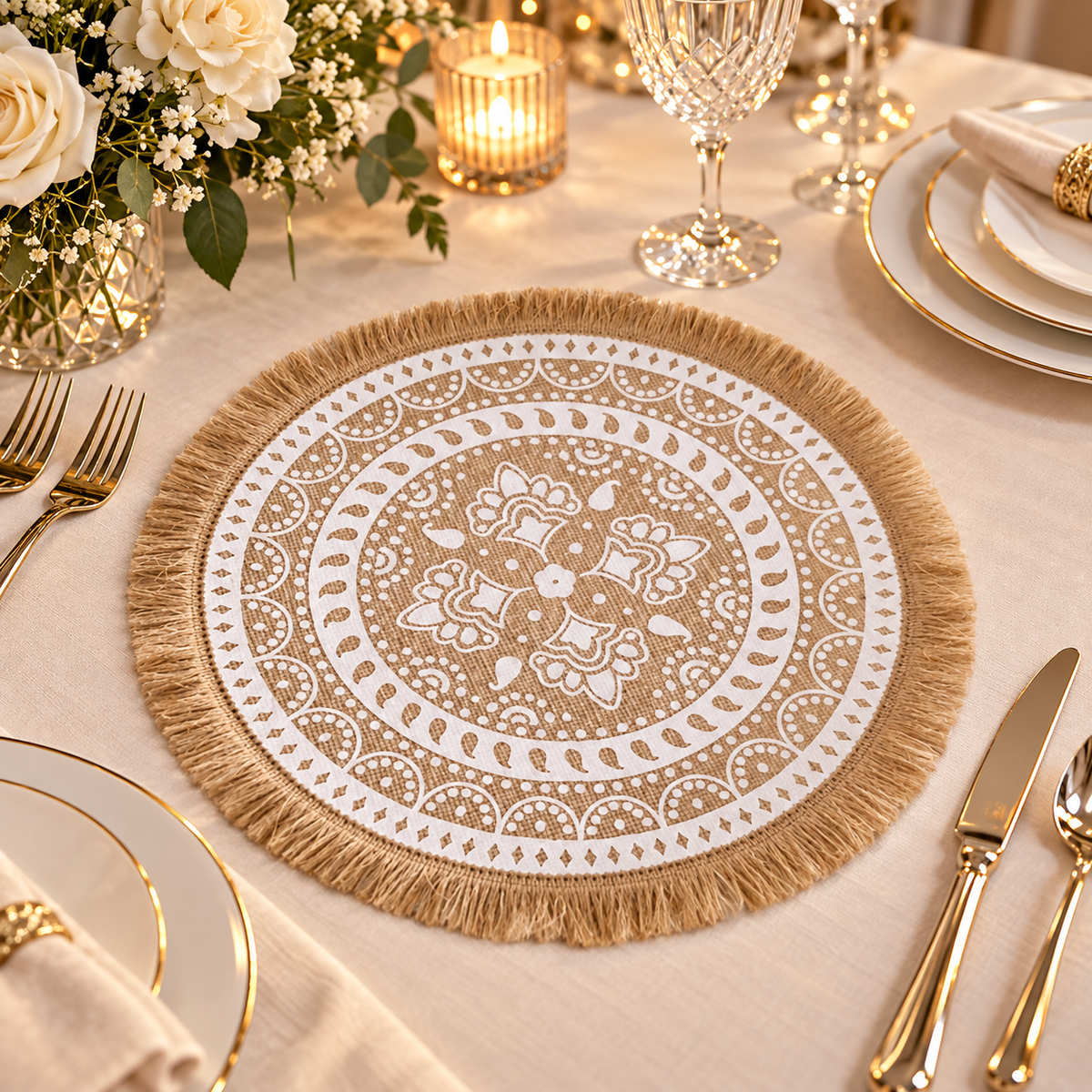 Boho Round Burlap Placemat with Fringe – 38cm Mandala Table Mat