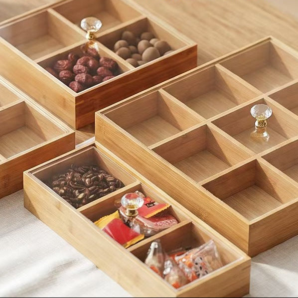 Bamboo Snack Box with Lid Compartment Storage Tray
