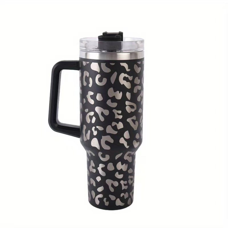 Leopard Print 40oz Insulated Travel Tumbler with Handle – Stainless Steel Ice Mug Portable Large Capacity Cup
