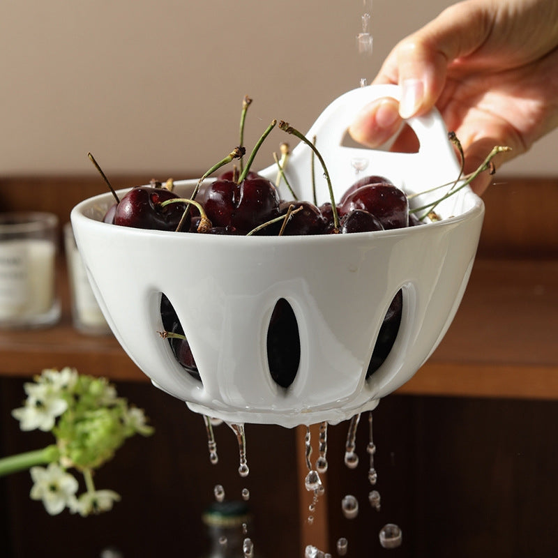 Porcelain Fruit & Vegetable Draining Bowl – Ceramic Colander Bowl with Handle for Kitchen Serving