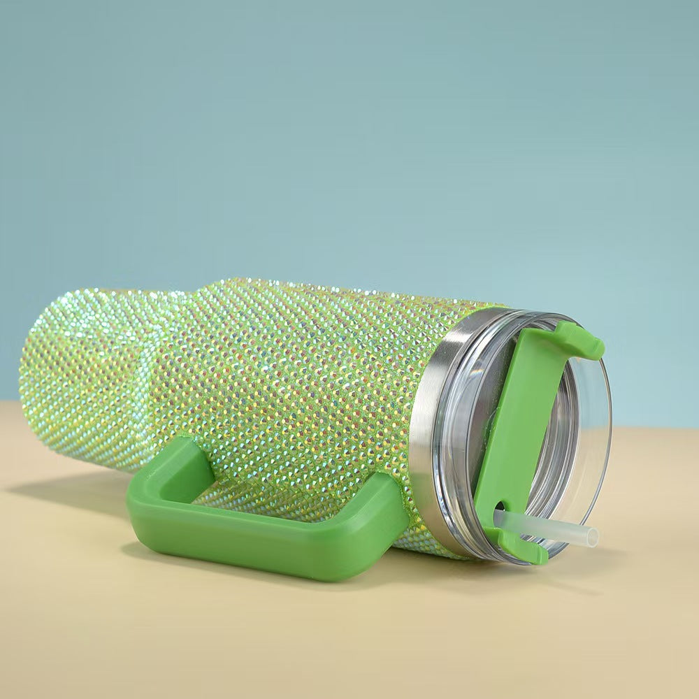 Rhinestone 40oz Stainless Steel Insulated Tumbler with Handle & Straw – Double Wall Portable Travel Mug