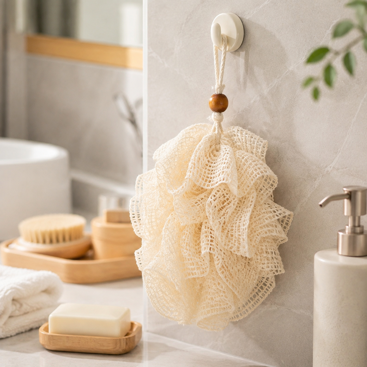 Natural Loofah Bath Sponge – Soft Exfoliating Body Scrubber with Hanging Rope